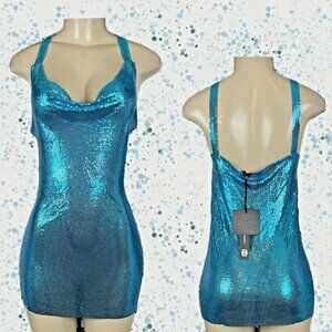 House Of Harlow 1960 M Teal Aluminum Chainmail Cowl Neckline Tank Mini Dress